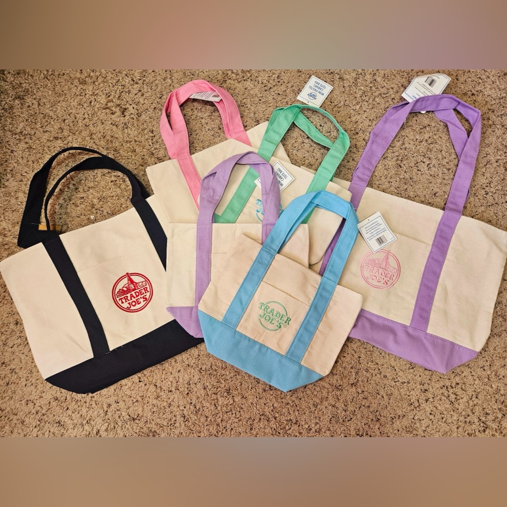 Trader Joe's Canvas Mini Tote Bag - Set Of 4 + Large Lavender, Blue